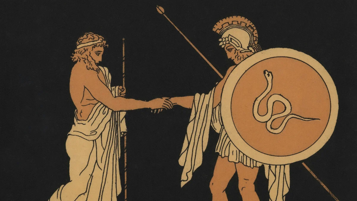 Two spartan shaking hands while standing firm, representing value of the words they speak.