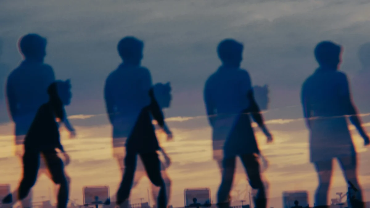 "Four men standing united as the time passes By - symbolizing unbreakable brotherhood."