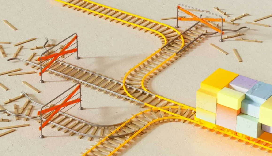 Visual metaphor of multiple train tracks, some broken and blocked, representing disrupted thinking paths and the clear track of unbiased reasoning.