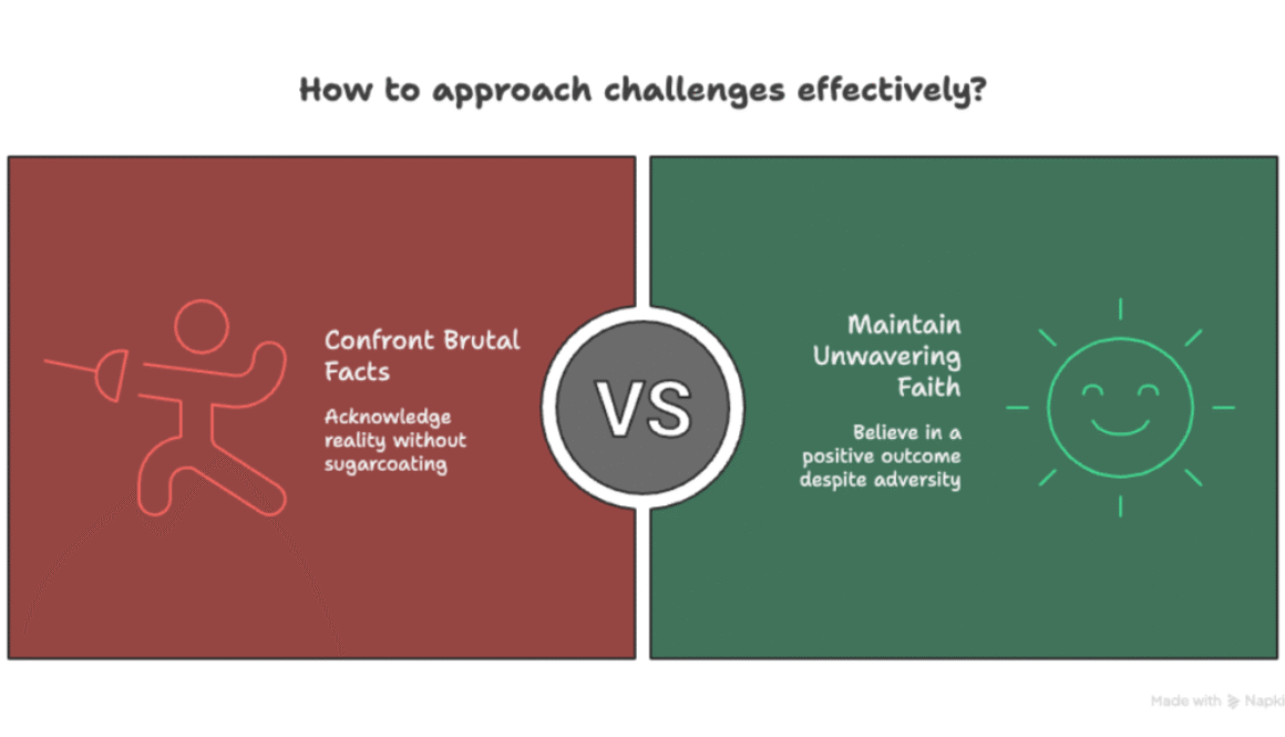 Infographic titled 'How to approach challenges effectively?' showing a split screen. The left side, in orange, features a stick figure fencer and the message 'Confront Brutal Facts: Acknowledge reality without sugarcoating.' The right side, in green, displays a smiling sun and the message 'Maintain Unwavering Faith: Believe in a positive outcome despite adversity.' Both sides are separated by a large 'VS' circle in the center.