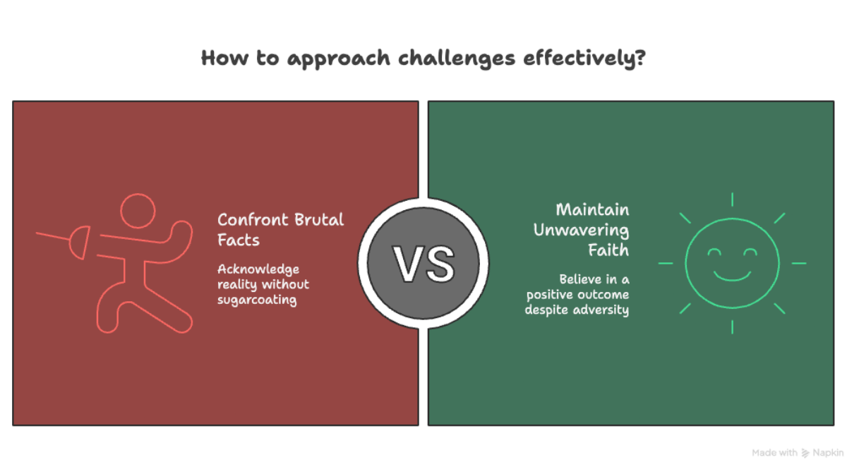 Infographic titled 'How to approach challenges effectively?' showing a split screen. The left side, in orange, features a stick figure fencer and the message 'Confront Brutal Facts: Acknowledge reality without sugarcoating.' The right side, in green, displays a smiling sun and the message 'Maintain Unwavering Faith: Believe in a positive outcome despite adversity.' Both sides are separated by a large 'VS' circle in the center.