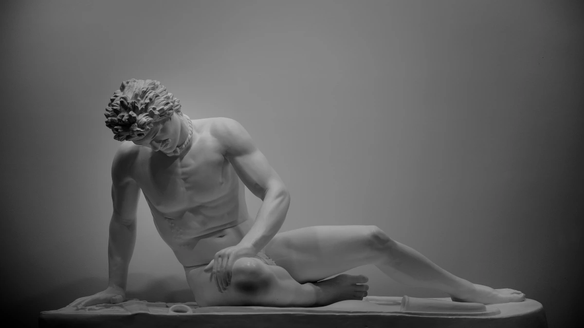 Monochrome figure in a reflective pose, symbolizing discipline and inner strength for Stoic exercises of mind and body.