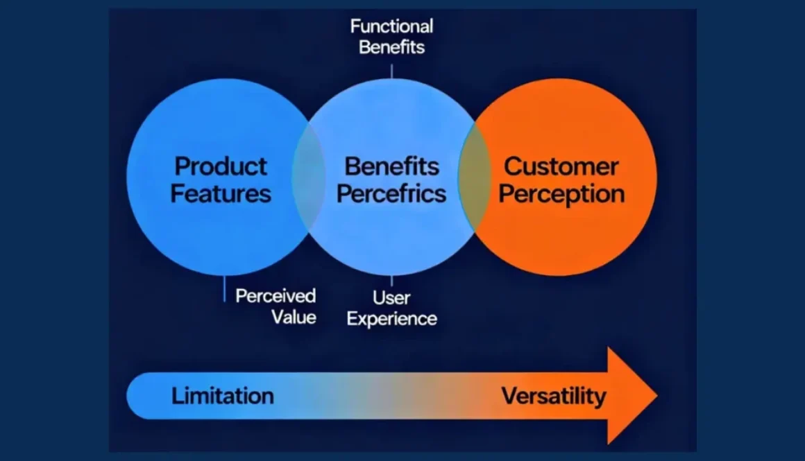 A landscape Venn diagram shows three overlapping circles labeled "Product Features," "Benefits Perecfrics," and "Customer Perception." Above the circles, connecting the overlaps, are "Functional Benefits," "Perceived Value," and "User Experience." Beneath the diagram is a gradient arrow moving from blue ("Limitation") to orange ("Versatility"), visually representing the transition from limiting product framing to versatile benefit framing.