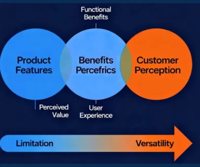 A landscape Venn diagram shows three overlapping circles labeled "Product Features," "Benefits Perecfrics," and "Customer Perception." Above the circles, connecting the overlaps, are "Functional Benefits," "Perceived Value," and "User Experience." Beneath the diagram is a gradient arrow moving from blue ("Limitation") to orange ("Versatility"), visually representing the transition from limiting product framing to versatile benefit framing.