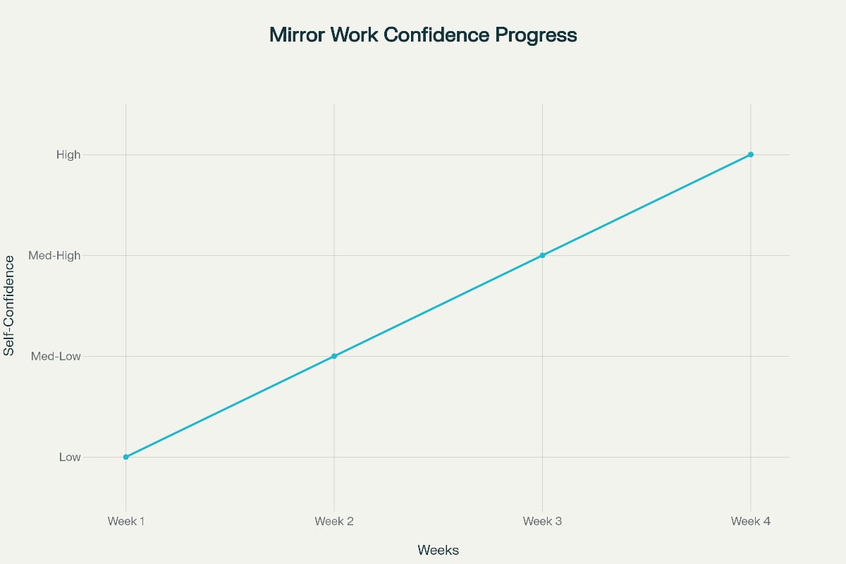 A line graph titled “Mirror Work Confidence Progress,” showing an upward trend from Week 1 to Week 4. The x-axis represents weeks, and the y-axis represents self-confidence levels ranging from Low to High. The line steadily rises through Medium-Low, Medium-High, and reaches High by Week 4, illustrating continuous improvement in confidence through mirror work practice.