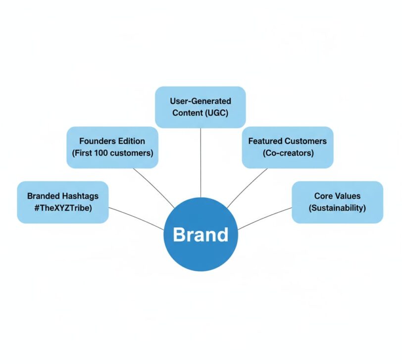 A simple flowchart with a central blue circle labeled "Brand" at the bottom, connected by five lines that lead upward to five light blue rectangles. Each rectangle contains one of the following labels: "Branded Hashtags," "Founders Edition First 100 customers," "User-generated Content UGC," "Featured Customers Co-creators," and "Core Values Sustainability." The diagram illustrates identity signals for a newcomer brand.