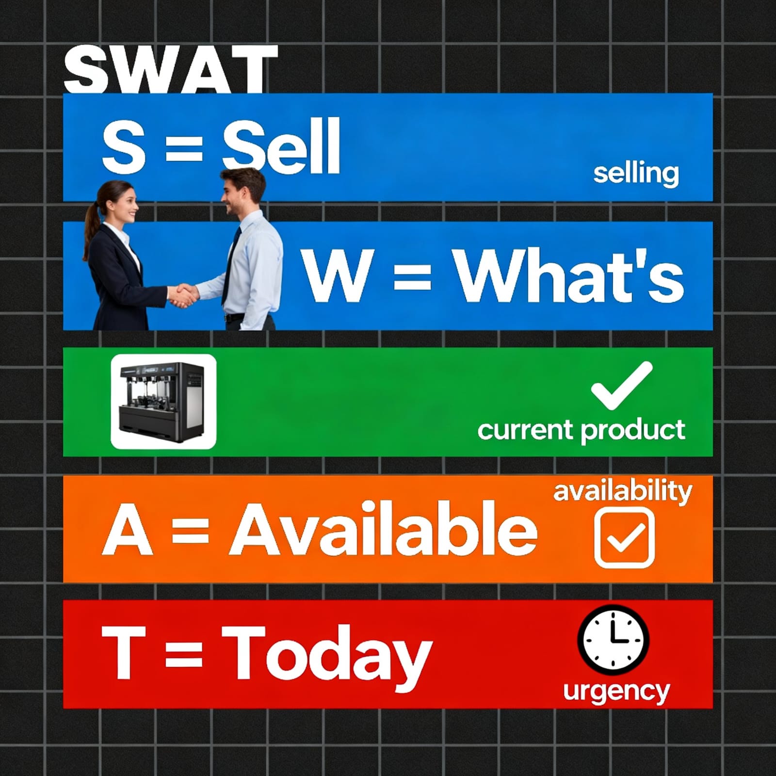 A landscape SWAT infographic shows four sections arranged horizontally, each labeled with a letter and meaning: "S = Sell," "W = What's," "A = Available," and "T = Today." Each section features relevant visuals—such as a hand holding a product for "Sell," a list or inventory icon for "What's," a store shelf for "Available," and a clock or calendar for "Today"—emphasizing the steps of the SWAT sales strategy. The overall color scheme moves from cooler shades on the left to warmer tones on the right, reinforcing urgency and action.