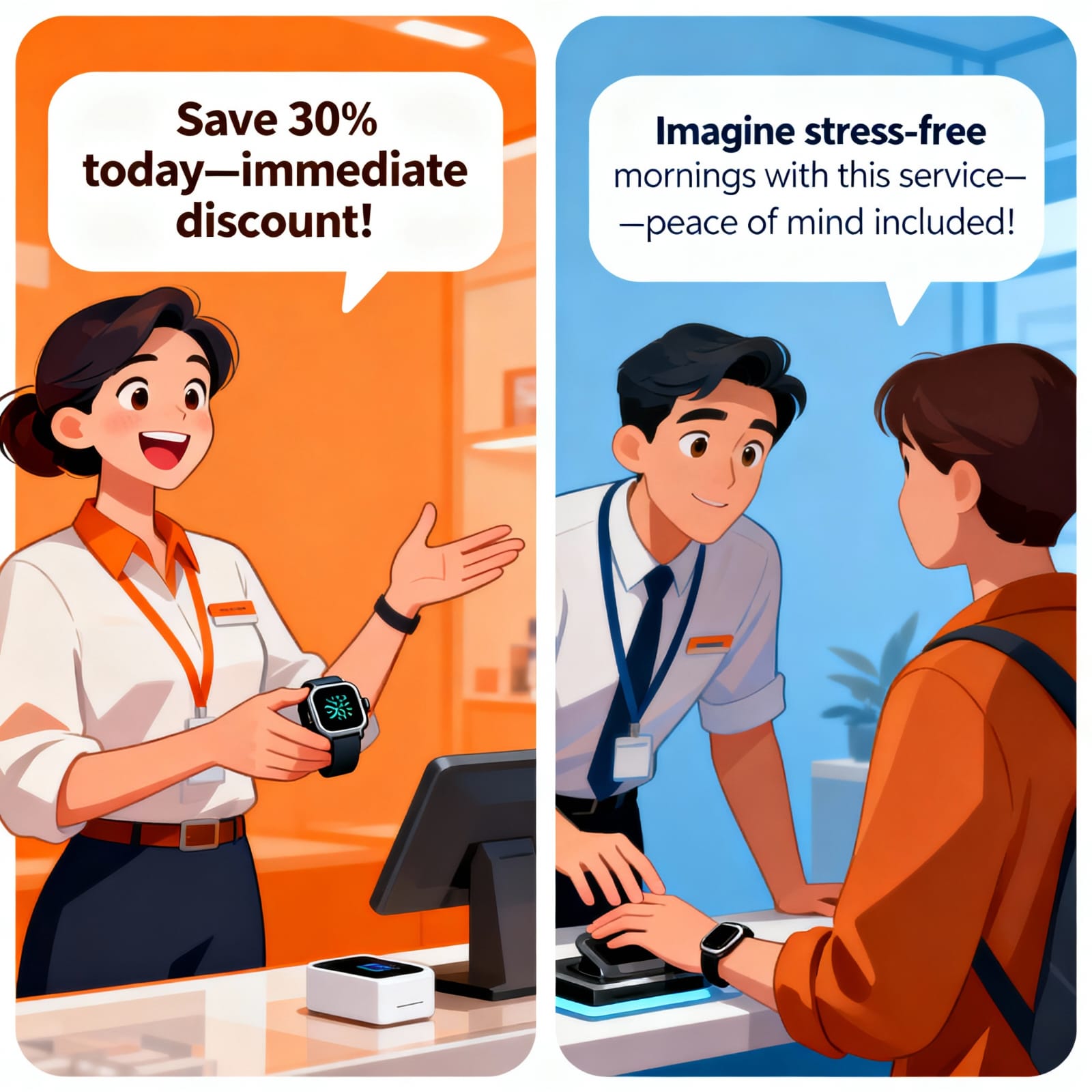 A split landscape illustration shows two sales scenarios. On the left, a female salesperson in an orange-themed store gestures toward a smartwatch and says, “Save 30% today—immediate discount!” with a speech bubble, representing a tangible benefit. On the right, a male salesperson in a blue-themed store interacts with a customer in an orange jacket, and his speech bubble reads, “Imagine stress-free mornings with this service—peace of mind included!” illustrating an intangible benefit. Both scenes depict persuasive sales techniques for different benefit types.